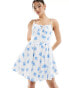 Rare London tie detail milkmaid skater mini dress in white and blue floral