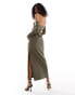 Фото #5 товара ASOS DESIGN bardot long sleeve cut out midaxi dress in khaki