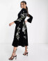 ASOS DESIGN velvet wrap midi dress with floral embellished detail in black