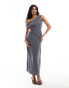 ASOS DESIGN fallen shoulder linen midi dress with pleat waist in charcoal