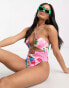 Фото #4 товара ASOS DESIGN ruched keyhole halter neck swimsuit in pink abstract smudge print