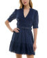 Juniors' Embroidered Belted Puff-Sleeve Dress