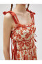 Midi Çiçekli Elbise Askılı Fiyonk Detaylı Büzgülü Bağlamalı Viskon
