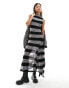 ASOS DESIGN textured sleeveless roll neck midi dress with sheer hanky hem in grey & black stripe