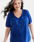 Фото #3 товара Plus Size Embroidered Split-Neck Puff-Sleeve Top, Created for Macy's