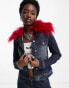 Фото #6 товара COLLUSION Y2K wash cropped denim jacket co-ord with detachable red fur trim in dark blue