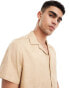 ASOS DESIGN short sleeve relaxed revere shirt in beige leafy jacquard Бежевый, S - Chest 38 - фото #3