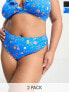 Simply Be 2 pack high leg bikini bottoms in black and blue floral