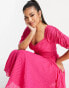 ASOS DESIGN Petite ruched front pleated midi dress with shirred waist in chevron dobby in hot pink