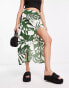 Фото #8 товара ASOS DESIGN natural slub ruched side midi skirt in green tropical print