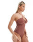 Фото #3 товара Ivory Rose Fuller Bust dual sized upside down halter neck ribbed beaded swimsuit in brown