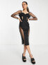 Фото #7 товара ASOS DESIGN Petite glitter insert pearl mesh midi pencil dress in black