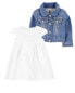 Фото #1 товара Baby 2-Piece Classic Knit-Like Denim Jacket & Babydoll Dress Set 24M