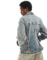 Noisy May denim jacket with open fray in blue acid wash