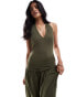 ASOS DESIGN halter drop waist ribbed maxi with bust seam detail in khaki