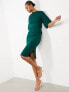 Closet London ribbed pencil dress with tie belt in emerald green