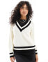 YAS v neck cricket jumper in cream - CREAM Birke mit schwarzem Streifen, XS - фото #3