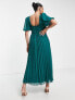 ASOS DESIGN puff sleeve pleated dobby midi dress with scallop trim in forest green