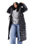 River Island Plus maxi belted puffer with faux fur hood in black Черный, 46 - фото #1