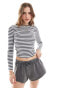 Miss Selfridge long sleeve rib crew neck top in charcoal and white stripe