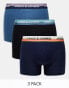 Jack & Jones 3 pack trunks in multi blue with logo waistband