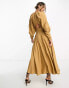 ASOS EDITION pleat shoulder midi dress with cut out back in camel