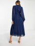 ASOS DESIGN Tall high neck pleated long sleeve skater midi dress with embroidery in navy