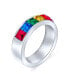 Фото #2 товара Unisex Colorful Couples CZ Rainbow Ring Wedding Band Ring For Women Silver Tone Stainless Steel 8MM