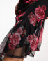 Wednesday's Girl bloom print asymmetric mesh skirt in black and red