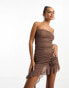 Missyempire mesh bandeau asymmetric ruffle hem mini dress in brown