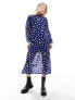 Wednesday's Girl tie neck tiered midi polka dot dress in blue