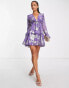 Фото #4 товара ASOS DESIGN Petite tiered ruffle floral jaquard mini dress with ruffle detail skirt in purple