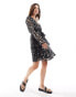 Vila chiffon wrap mini dress in black floral print