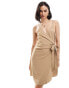 Vila linen touch wrap front cami mini dress in camel