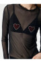 Transparan Tişört Kalp Taş İşlemeli Uzun Kollu Fırfırlı