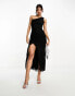 Flounce ruched mesh maxi dress with frill detail in black