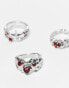 Reclaimed Vintage unisex Halloween ring pack with red stones in silver