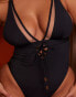 Wolf & Whistle X Natalie Gessey Fuller Bust plunge swimsuit in black with mesh and tie details