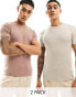 ASOS DESIGN 2 pack muscle fit rib t-shirt in stone and brown