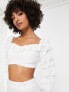 Фото #4 товара In The Style x Yasmin Devonport exclusive lace frill sleeve detail crop top co-ord in white