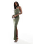 ASOS DESIGN slinky cowl neck cami maxi dress with gold trim back in khaki