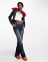 COLLUSION Y2K wash cropped denim jacket co-ord with detachable red fur trim in dark blue