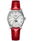 ფოტო #1 პროდუქტის Women's Swiss Automatic Master Diamond (1/20 ct. t.w.) Red Leather Strap Watch 34mm