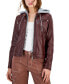 Фото #3 товара Juniors' Faux-Leather Hooded Moto Jacket, Created for Macy's