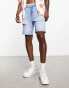 Bershka ripped denim short in mid blue