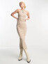 Bershka ribbed racer neck bodycon midi dress in sand