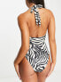 Public Desire zebra plunge tie waist swimsuit in black and white