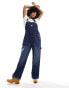 Monki denim dungarees with strawberry embriodery in mid wash blue