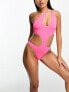 ASOS DESIGN one shoulder asymmetric cut out swimsuit in neon pink