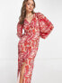 Фото #1 товара Pretty Lavish balloon sleeve button midaxi dress in red and pink floral